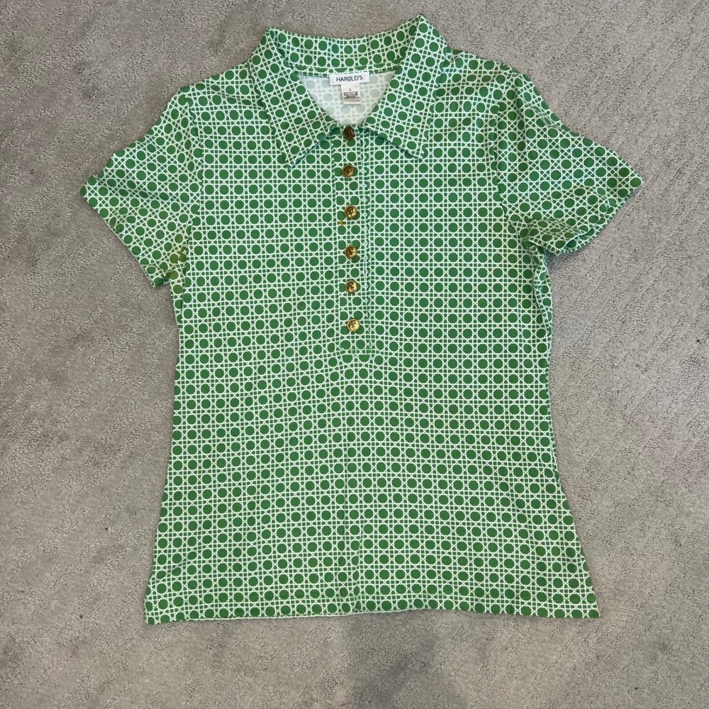 Harold's Green‎ Wicker Print Short Sleeve Polo Shirt Women's Size L Retro Funky